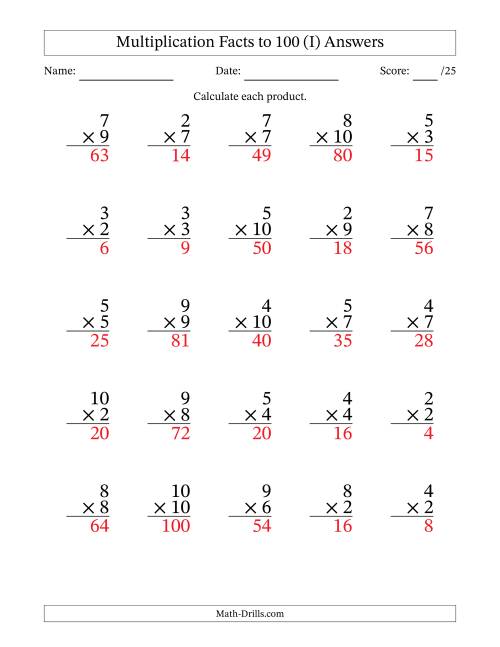 The Multiplication Facts to 100 (25 Questions) (No Zeros or Ones) (I) Math Worksheet Page 2