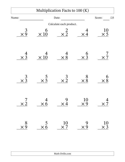 The Multiplication Facts to 100 (25 Questions) (No Zeros or Ones) (K) Math Worksheet