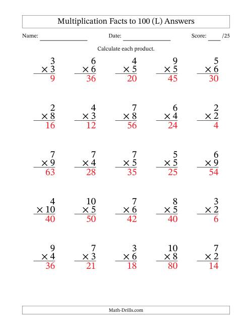 The Multiplication Facts to 100 (25 Questions) (No Zeros or Ones) (L) Math Worksheet Page 2