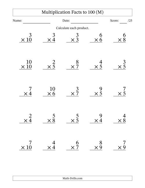 The Multiplication Facts to 100 (25 Questions) (No Zeros or Ones) (M) Math Worksheet