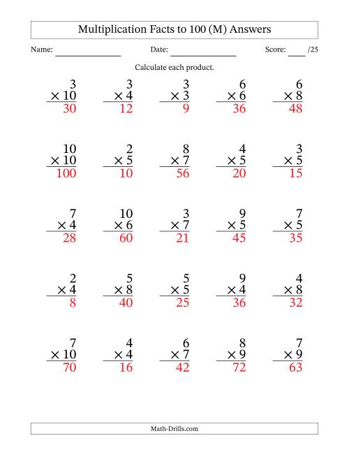 The Multiplication Facts to 100 (25 Questions) (No Zeros or Ones) (M) Math Worksheet Page 2
