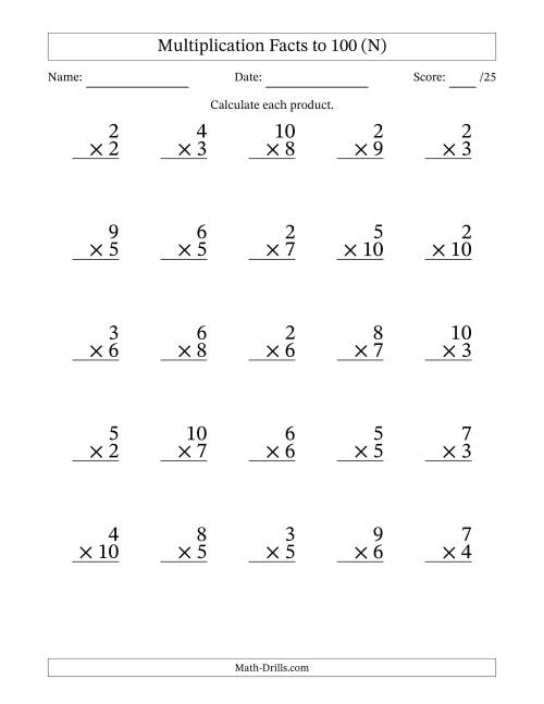 The Multiplication Facts to 100 (25 Questions) (No Zeros or Ones) (N) Math Worksheet
