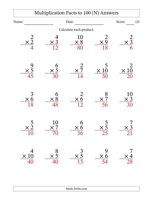 The Multiplication Facts to 100 (25 Questions) (No Zeros or Ones) (N) Math Worksheet Page 2