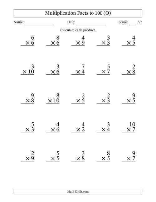The Multiplication Facts to 100 (25 Questions) (No Zeros or Ones) (O) Math Worksheet