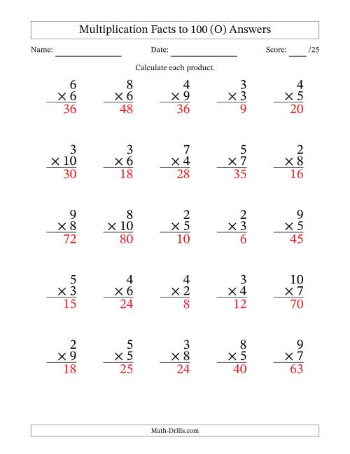 The Multiplication Facts to 100 (25 Questions) (No Zeros or Ones) (O) Math Worksheet Page 2