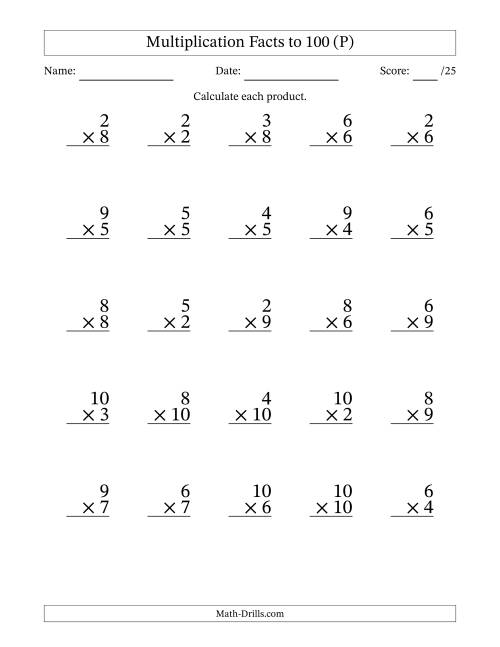 The Multiplication Facts to 100 (25 Questions) (No Zeros or Ones) (P) Math Worksheet