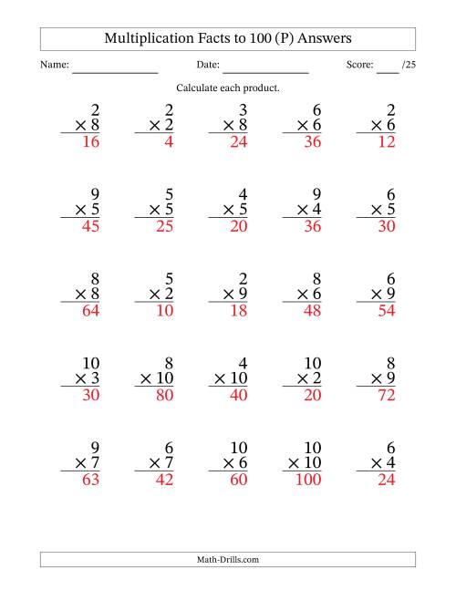 The Multiplication Facts to 100 (25 Questions) (No Zeros or Ones) (P) Math Worksheet Page 2