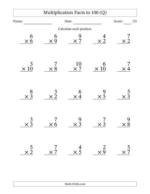 The Multiplication Facts to 100 (25 Questions) (No Zeros or Ones) (Q) Math Worksheet