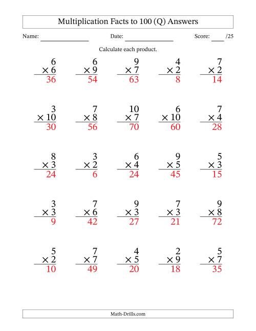 The Multiplication Facts to 100 (25 Questions) (No Zeros or Ones) (Q) Math Worksheet Page 2