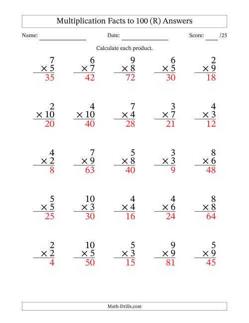 The Multiplication Facts to 100 (25 Questions) (No Zeros or Ones) (R) Math Worksheet Page 2