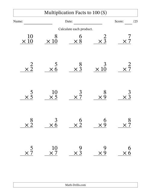 The Multiplication Facts to 100 (25 Questions) (No Zeros or Ones) (S) Math Worksheet