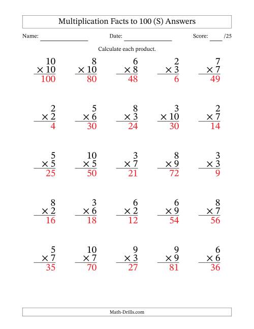 The Multiplication Facts to 100 (25 Questions) (No Zeros or Ones) (S) Math Worksheet Page 2