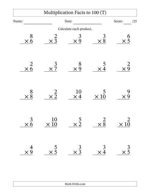 The Multiplication Facts to 100 (25 Questions) (No Zeros or Ones) (T) Math Worksheet