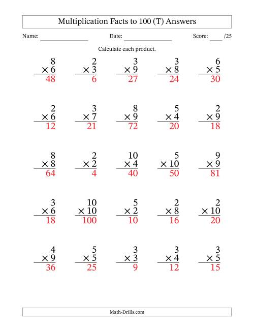 The Multiplication Facts to 100 (25 Questions) (No Zeros or Ones) (T) Math Worksheet Page 2