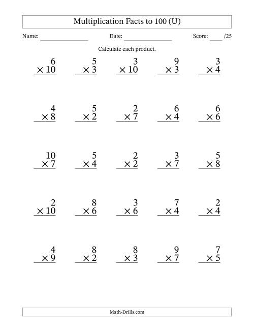 The Multiplication Facts to 100 (25 Questions) (No Zeros or Ones) (U) Math Worksheet