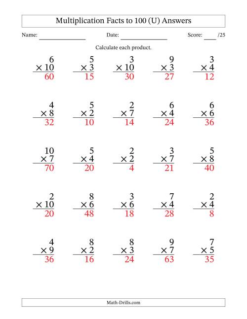 The Multiplication Facts to 100 (25 Questions) (No Zeros or Ones) (U) Math Worksheet Page 2