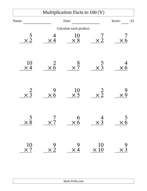 The Multiplication Facts to 100 (25 Questions) (No Zeros or Ones) (V) Math Worksheet