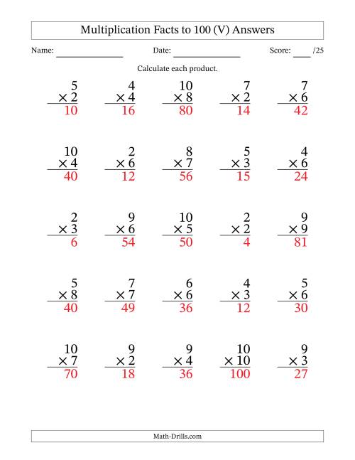 The Multiplication Facts to 100 (25 Questions) (No Zeros or Ones) (V) Math Worksheet Page 2