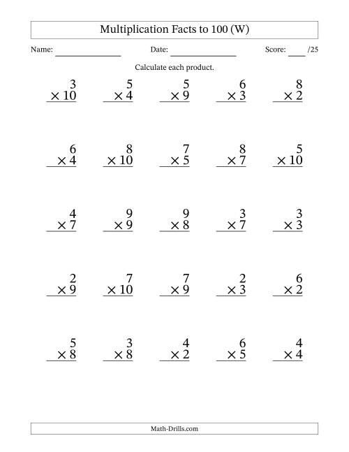 The Multiplication Facts to 100 (25 Questions) (No Zeros or Ones) (W) Math Worksheet