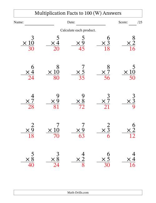The Multiplication Facts to 100 (25 Questions) (No Zeros or Ones) (W) Math Worksheet Page 2