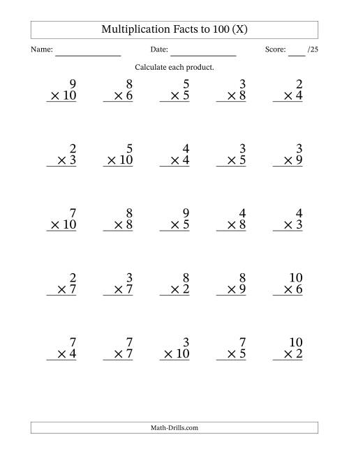 The Multiplication Facts to 100 (25 Questions) (No Zeros or Ones) (X) Math Worksheet