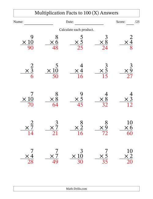 The Multiplication Facts to 100 (25 Questions) (No Zeros or Ones) (X) Math Worksheet Page 2