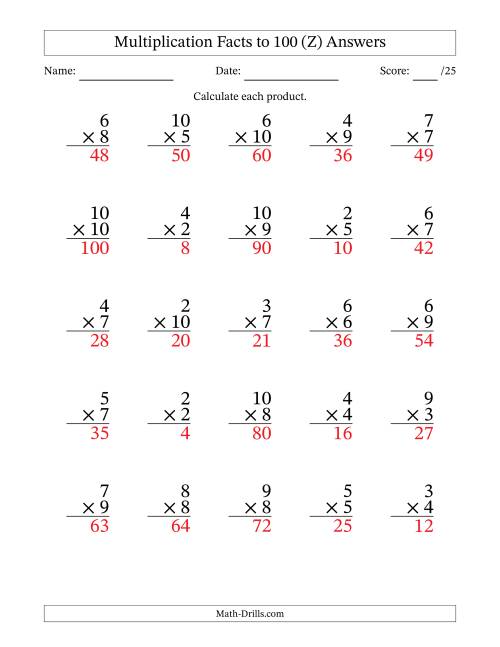The Multiplication Facts to 100 (25 Questions) (No Zeros or Ones) (Z) Math Worksheet Page 2