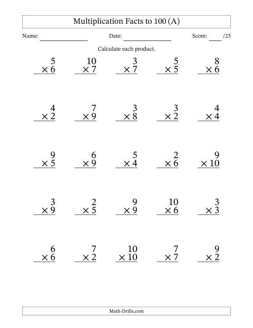 The Multiplication Facts to 100 (25 Questions) (No Zeros or Ones) (All) Math Worksheet
