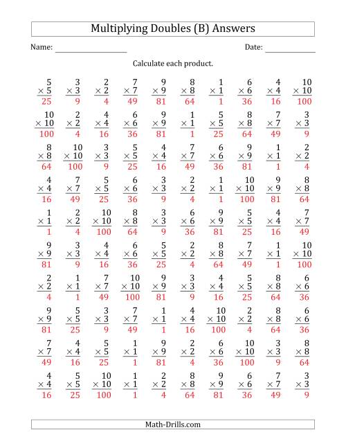 The Multiplying Doubles from 1 to 10 with 100 Questions Per Page (B) Math Worksheet Page 2