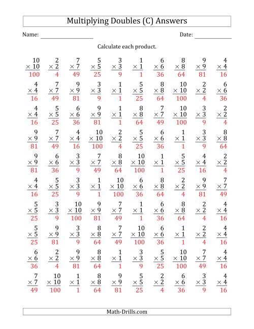 The Multiplying Doubles from 1 to 10 with 100 Questions Per Page (C) Math Worksheet Page 2
