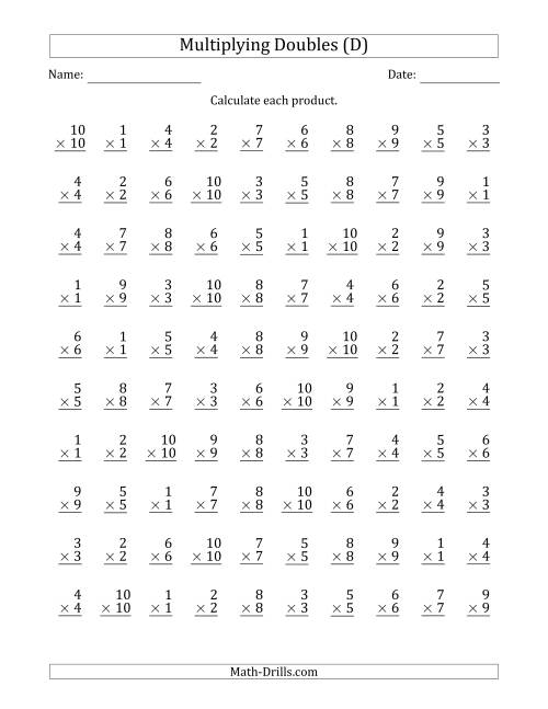The Multiplying Doubles from 1 to 10 with 100 Questions Per Page (D) Math Worksheet