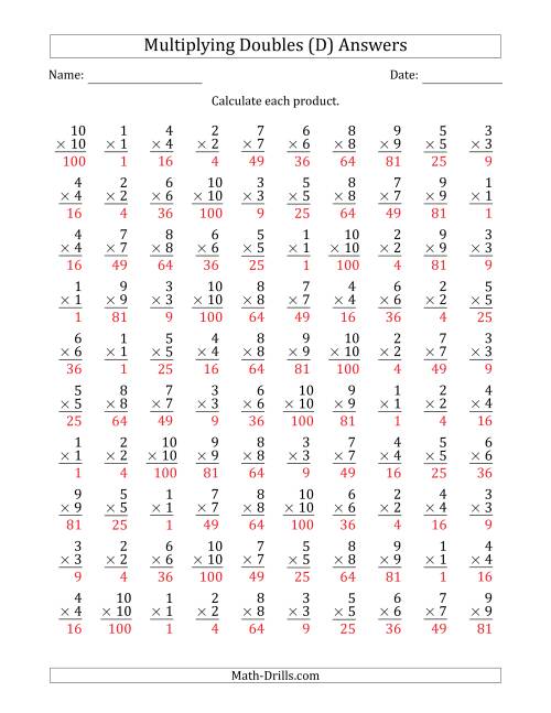 The Multiplying Doubles from 1 to 10 with 100 Questions Per Page (D) Math Worksheet Page 2