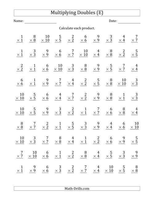 The Multiplying Doubles from 1 to 10 with 100 Questions Per Page (E) Math Worksheet