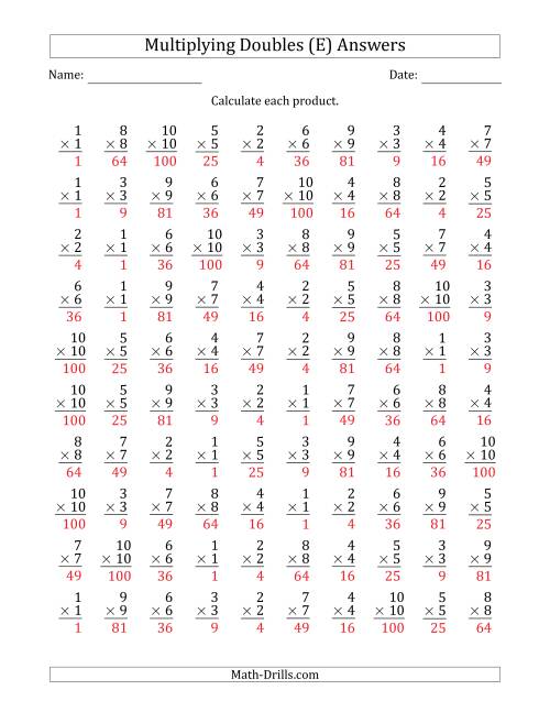 The Multiplying Doubles from 1 to 10 with 100 Questions Per Page (E) Math Worksheet Page 2