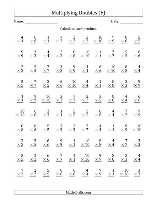 The Multiplying Doubles from 1 to 10 with 100 Questions Per Page (F) Math Worksheet
