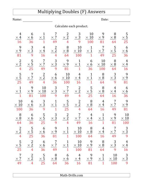 The Multiplying Doubles from 1 to 10 with 100 Questions Per Page (F) Math Worksheet Page 2