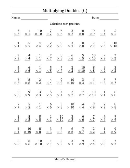 The Multiplying Doubles from 1 to 10 with 100 Questions Per Page (G) Math Worksheet