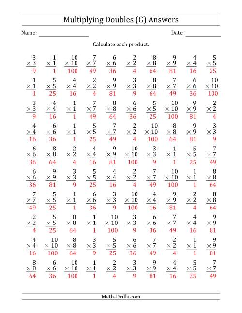 The Multiplying Doubles from 1 to 10 with 100 Questions Per Page (G) Math Worksheet Page 2
