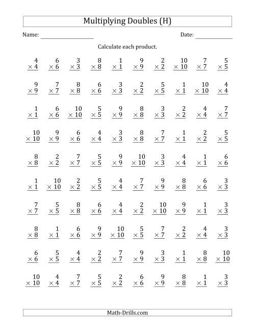 The Multiplying Doubles from 1 to 10 with 100 Questions Per Page (H) Math Worksheet