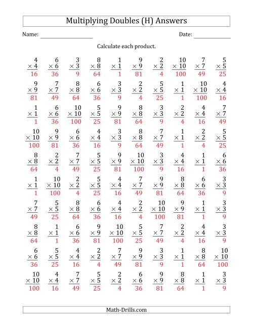 The Multiplying Doubles from 1 to 10 with 100 Questions Per Page (H) Math Worksheet Page 2
