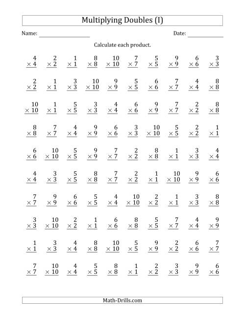 The Multiplying Doubles from 1 to 10 with 100 Questions Per Page (I) Math Worksheet