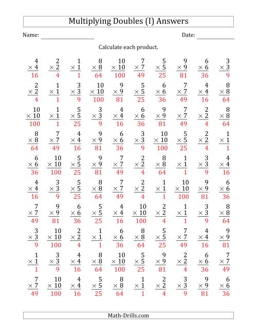 The Multiplying Doubles from 1 to 10 with 100 Questions Per Page (I) Math Worksheet Page 2