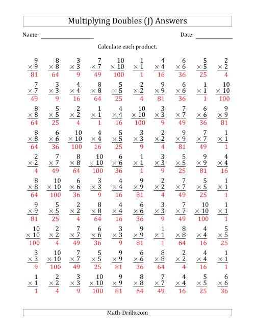The Multiplying Doubles from 1 to 10 with 100 Questions Per Page (J) Math Worksheet Page 2