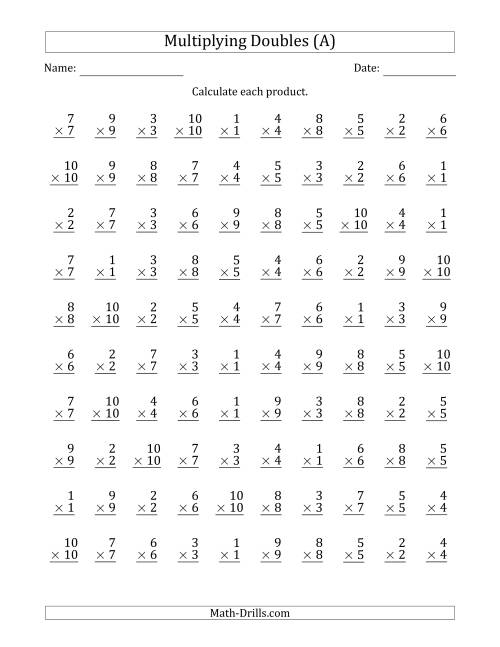 The Multiplying Doubles from 1 to 10 with 100 Questions Per Page (All) Math Worksheet