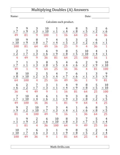The Multiplying Doubles from 1 to 10 with 100 Questions Per Page (All) Math Worksheet Page 2