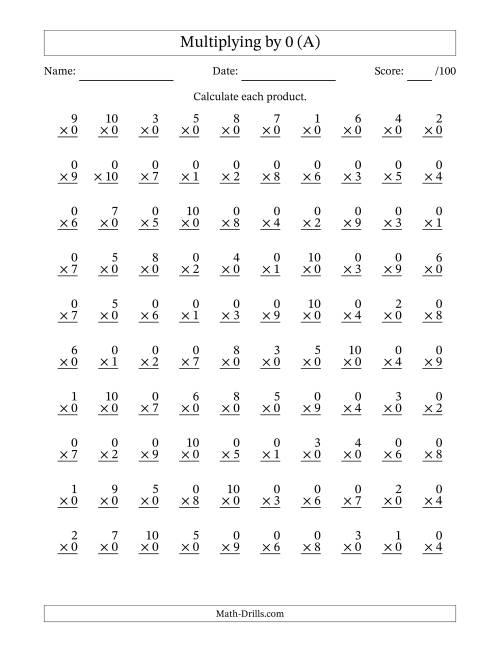 Multiplying (1 to 10) by 0 (A) Multiplication Facts Worksheet