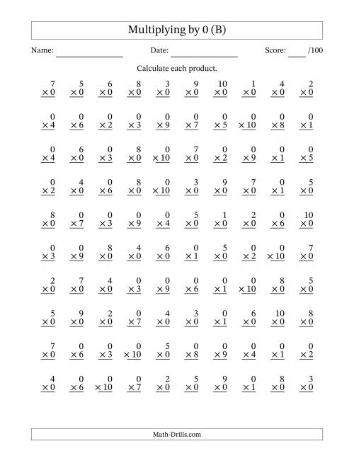 The Multiplying (1 to 10) by 0 (100 Questions) (B) Math Worksheet