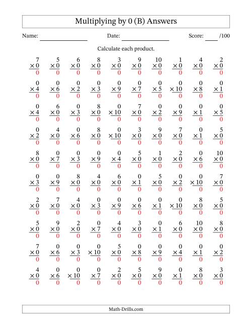 The Multiplying (1 to 10) by 0 (100 Questions) (B) Math Worksheet Page 2