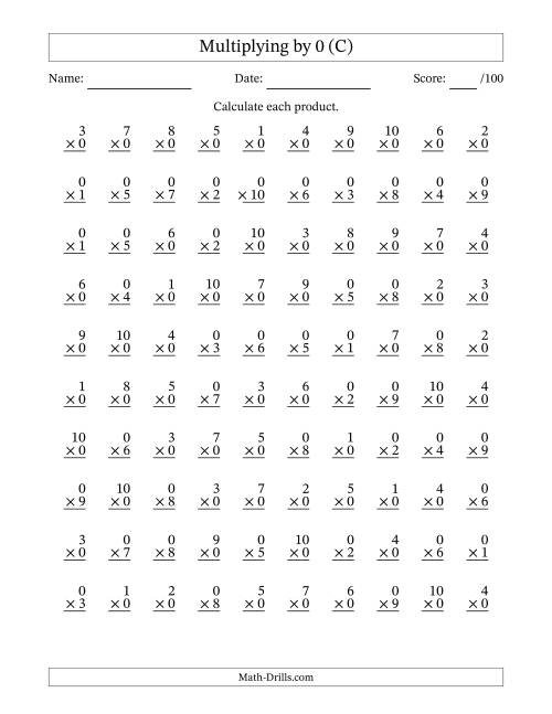 The Multiplying (1 to 10) by 0 (100 Questions) (C) Math Worksheet