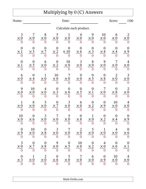 The Multiplying (1 to 10) by 0 (100 Questions) (C) Math Worksheet Page 2